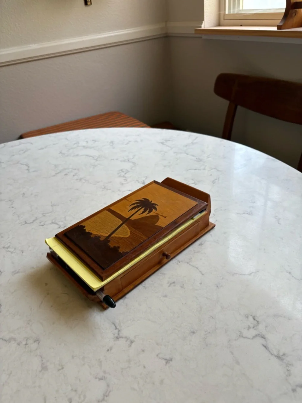 Vintage MCM Wooden Palm Beach Notepad Holder with Pen - Brown